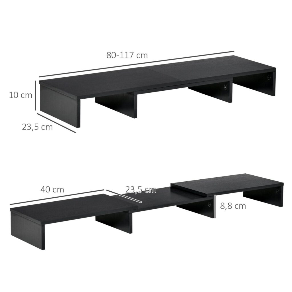 Ergonomisk justerbar bildskärmsstativ med dubbel skärmstöd, trippelagringshyllor och rymdbesparande design för nackelättande - MDF -material, svart färg