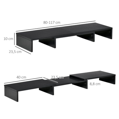 Ergonomisk justerbar bildskärmsstativ med dubbel skärmstöd, trippelagringshyllor och rymdbesparande design för nackelättande – MDF -material, svart färg
