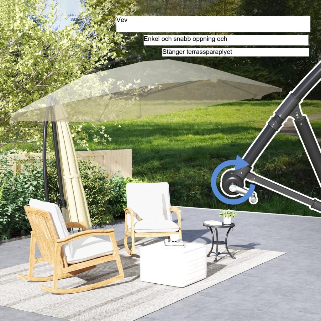 Grenigt parasoll Alu 260cm | Vattentät, vindskydd, lutbart trädgårdsparasoll med stativ och vev för uteplats i beige