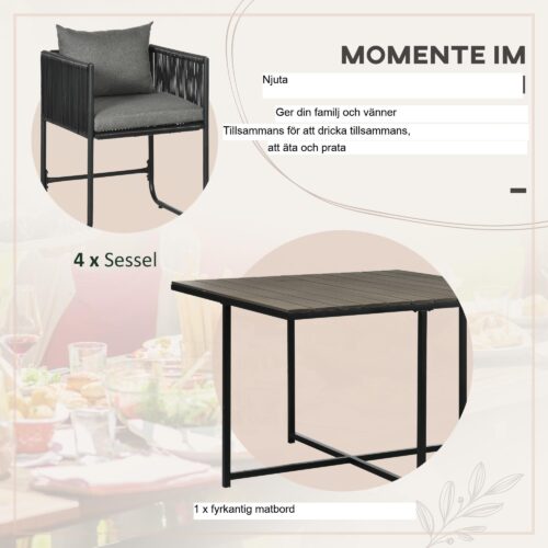 5-delat trädgårdsmöbelset i konstrotting med bekväma vadderade stolar och platsbesparande design