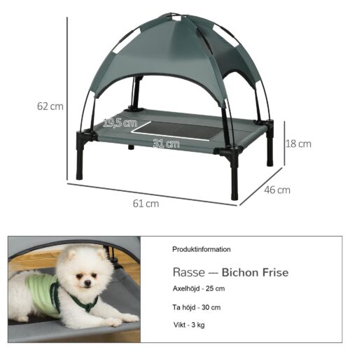 Utomhus hundstol med baldakinskugga, upphöjd husdjurssäng med andningsbart nättyg för maximal komfort – grå färg, lätt och bärbar design för medelstora hundar