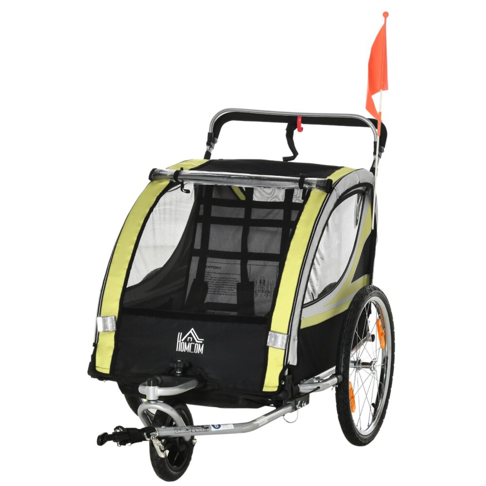 2-i-1 cykelvagn med 360° roterbart framhjul, 5-punktssele och nätdörr för förbättrad ventilation – kompakt förvaringsdesign