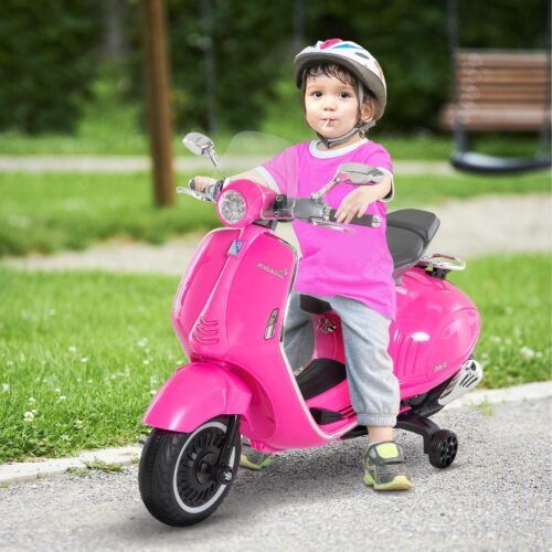 Licensierade Vespa Kids ’Elektriska motorcykel med strålkastare, musik och träningshjul-4-hjulsstabilitet för åldrarna 3-6
