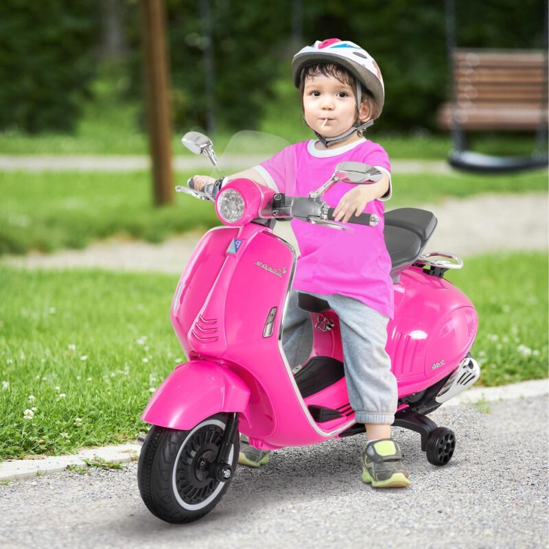 Licensierade Vespa Kids ’Elektriska motorcykel med strålkastare, musik och träningshjul-4-hjulsstabilitet för åldrarna 3-6