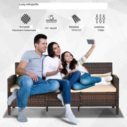 Rotting Garden Lounge Sofa för terrass och trädgård – bekväm 3-sits med kuddar, väderbeständig polyrotting, stålram, brun färg, mått W173cm