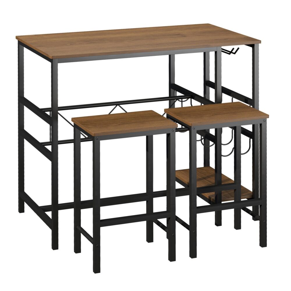Barbordsset med 2 barstolar med inbyggt vinställ och förvaring | Vintage Wood Grain och Black Frame Köksbänkbord