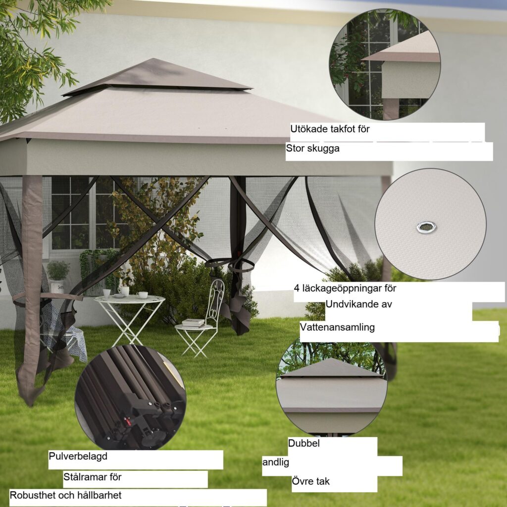 Hopfällbart lusthus trädgårdstält med sidoväggar - Insektsskydd, stabil och rostsäker design | 3,25 m x 3,25 m popup-skydd