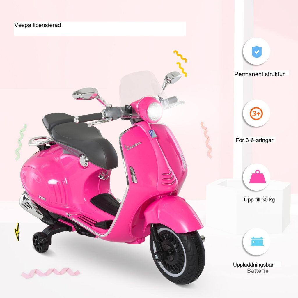 Licensierade Vespa Kids 'Elektriska motorcykel med strålkastare, musik och träningshjul-4-hjulsstabilitet för åldrarna 3-6