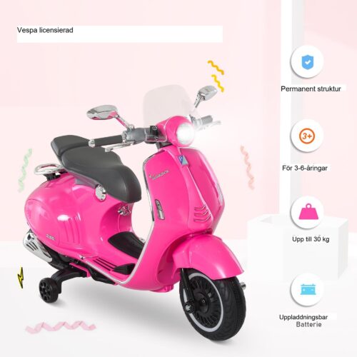 Licensierade Vespa Kids ’Elektriska motorcykel med strålkastare, musik och träningshjul-4-hjulsstabilitet för åldrarna 3-6