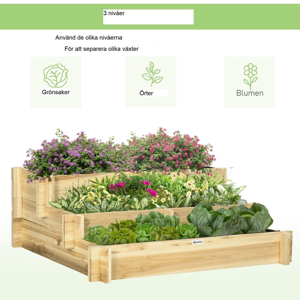 5-Plant 3-stegs trä upphöjd säng med tygfoder | Enkel montering och väderbeständig design