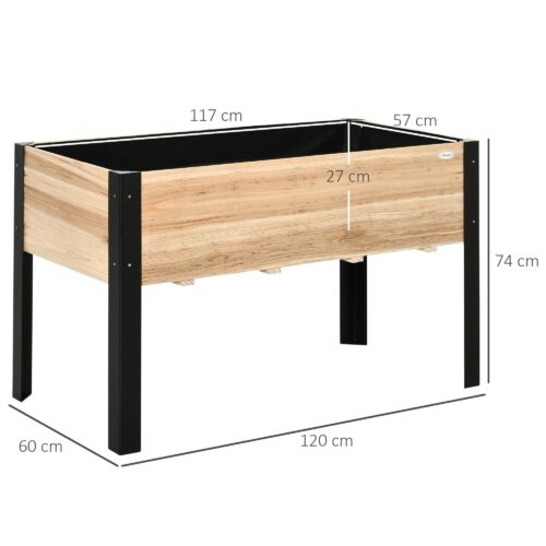STOR MASSIVT TRÄ och STÅL UPPHÖJD BÄDDLÅDA | BEKVÄM 44 CM HÖJD MED NON-WOVEN FODER | HÅLLBAR och STABIL FÖR TRÄDGÅRD ELLER BALKONG | NATURLIGA + SVARTA FÄRGER, 120X60X74CM
