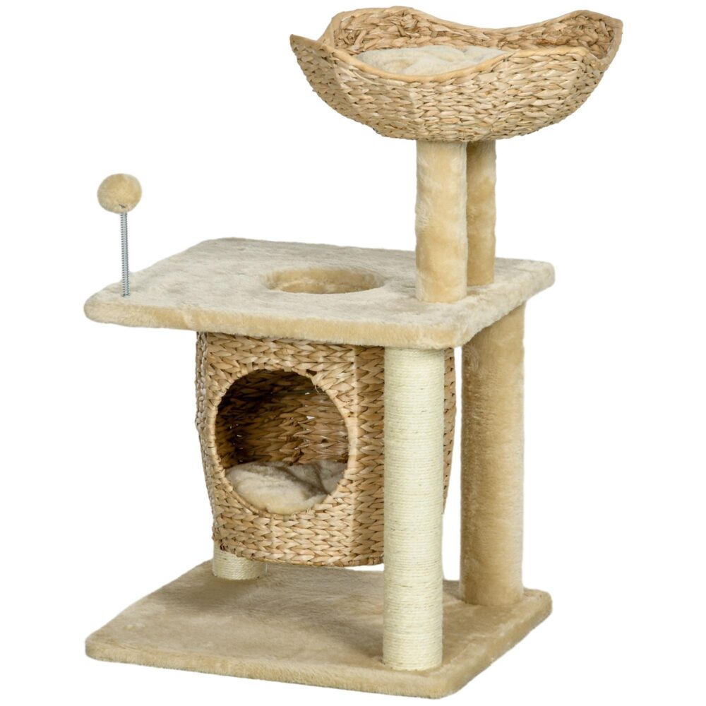 Klösträd för katt Liten 74 cm klösträd med klösrotta och lekboll – Robust sisalrep, mjuk plyschklädsel, Multi-Level Design för katter upp till 5 kg | Elegant klättertorn för katt med säng