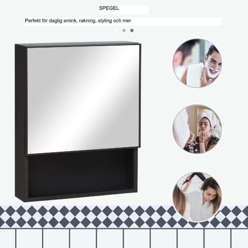 Väggmonterat spegelskåp i rostfritt stål med 2 innerhyllor och öppen glashylla – platsbesparande design, mjukstängande spegeldörrar, hållbar konstruktion för små utrymmen