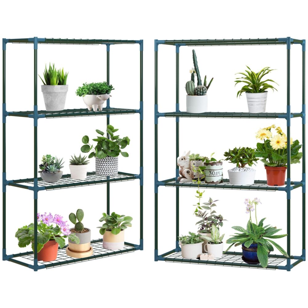 Växthylla Set med 2 | 4 nivåer blomkrukhållare för balkong / trädgård, robust stålkonstruktion med platsbesparande design, kraftig och lätt att montera