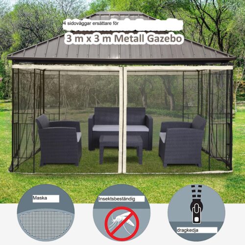 Myggnät för 3×4 lusthus | Insektsnät med 4 paneler och dragkedja, högkvalitativt polyester- och nylonnät | Enkel montering och universell passform