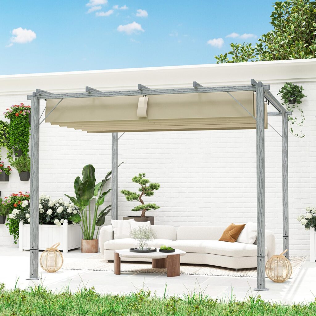 Pergola i aluminium 3x3m med infällbart UV-skydd (UPF30+) och säker magnetisk passform | Fristående trädgårdspaviljong för uteplats och trädgård