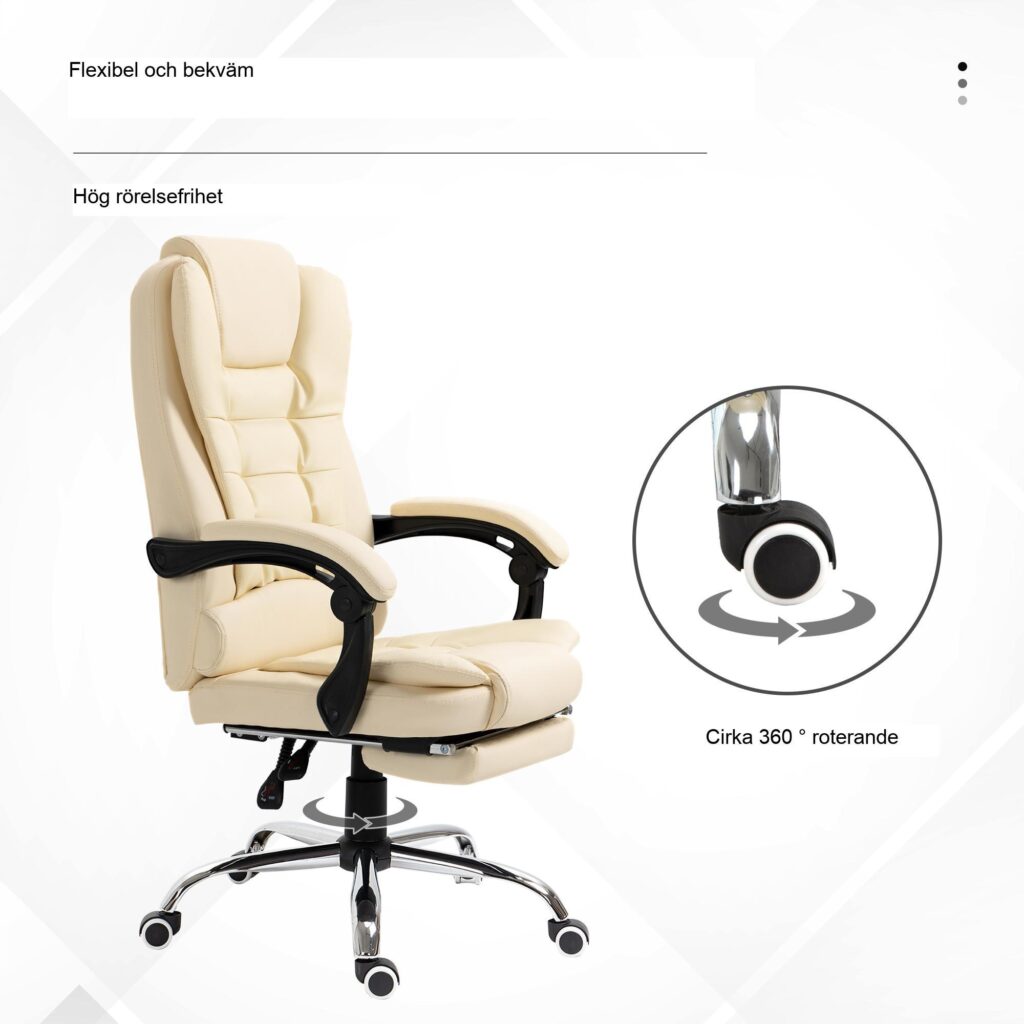Ergonomisk chefsstol med höjdjusterbar lutningsfunktion, vadderad sits och utdragbart fotstöd