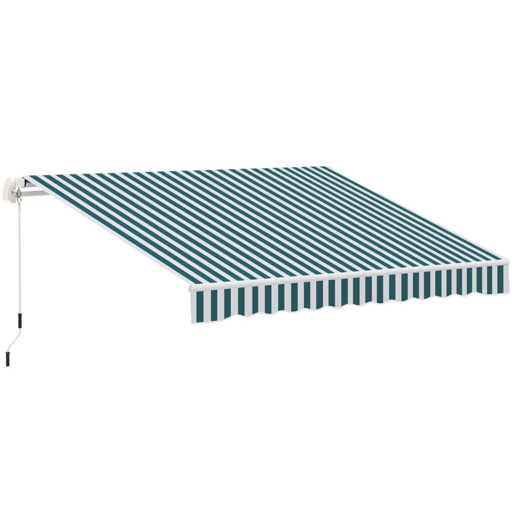 Manuell vikarmsmarkis med 1,5 m handvev för enkel användning - UV-beständig och hållbar | Vit + Grön Färg | 395x245cm