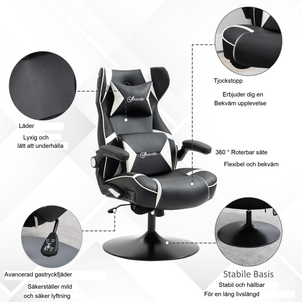 Rocker Gaming Chair - Ergonomisk, höj- och sänkbar kontorsstol med inbyggda Bluetooth-högtalare, fällbara armstöd, svank- och nackstöd