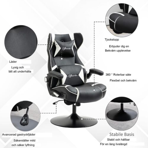 Rocker Gaming Chair – Ergonomisk, höj- och sänkbar kontorsstol med inbyggda Bluetooth-högtalare, fällbara armstöd, svank- och nackstöd