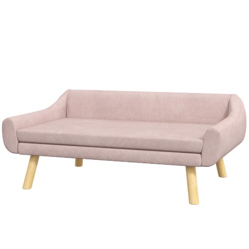 Elegant hundsoffa, mysig husdjurssäng i sammet med ryggstöd och armstöd för stora och medelstora hundar, rosa, 102×58,5×42,5cm, enkel montering