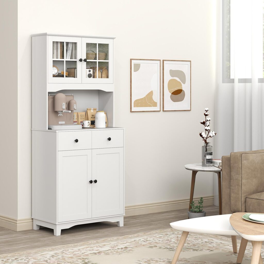 Vitt köksskåp med rymlig mikrovågshylla och justerbar förvaring | Modern design med glasdörr