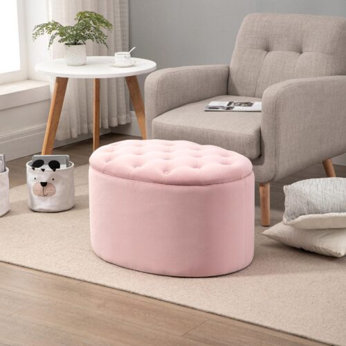 Rosa stoppad förvaringsbänk med dolt fack – elegant design, sammetsliknande polyestertyg, hållbar konstruktion, ingen montering krävs