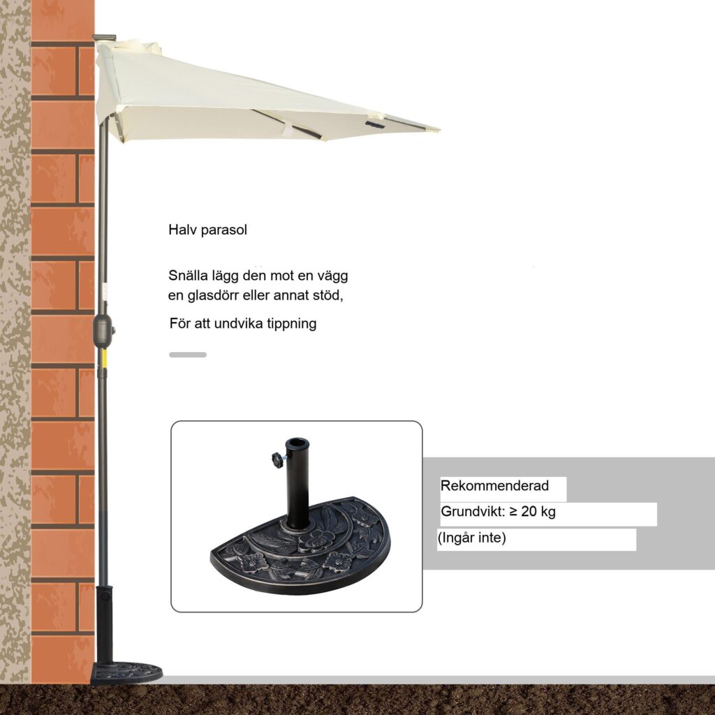 Halvcirkelformat 265x240 cm halvparasoll med soldrivna LED-lampor - enkel montering och platsbesparande design