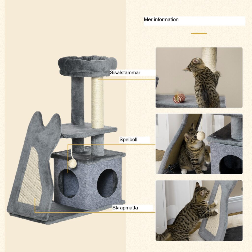 Liten klösstolpe för katt med lekstuga och sisalstockar - Multifunktionellt klösträd för katter under 4 kg, kompakt design med plyschlock, stabil bas och repvänliga funktioner
