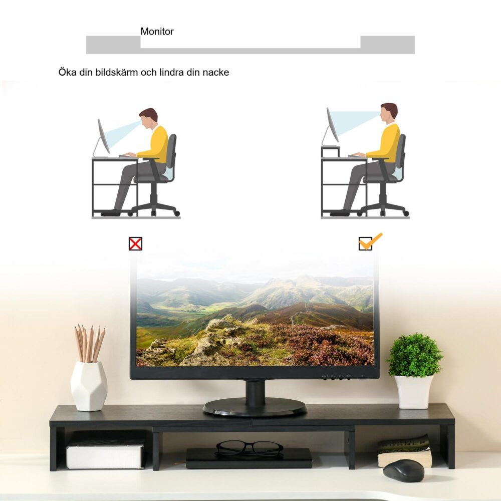Ergonomisk justerbar bildskärmsstativ med dubbel skärmstöd, trippelagringshyllor och rymdbesparande design för nackelättande – MDF -material, svart färg