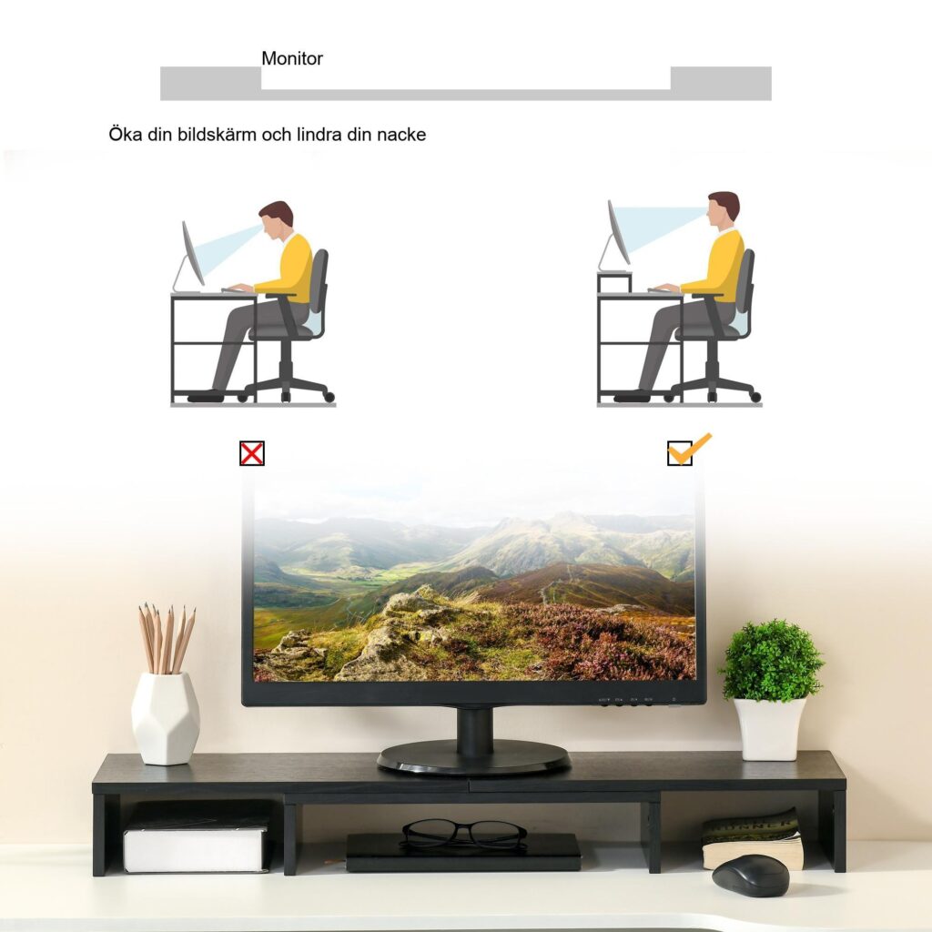 Ergonomisk justerbar bildskärmsstativ med dubbel skärmstöd, trippelagringshyllor och rymdbesparande design för nackelättande - MDF -material, svart färg