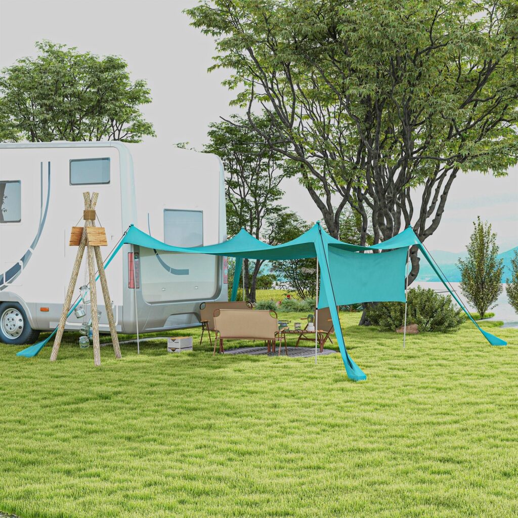 UV-beständigt skuggsegel för camping och resor: Snabb installation med stålstänger och sandspade ingår