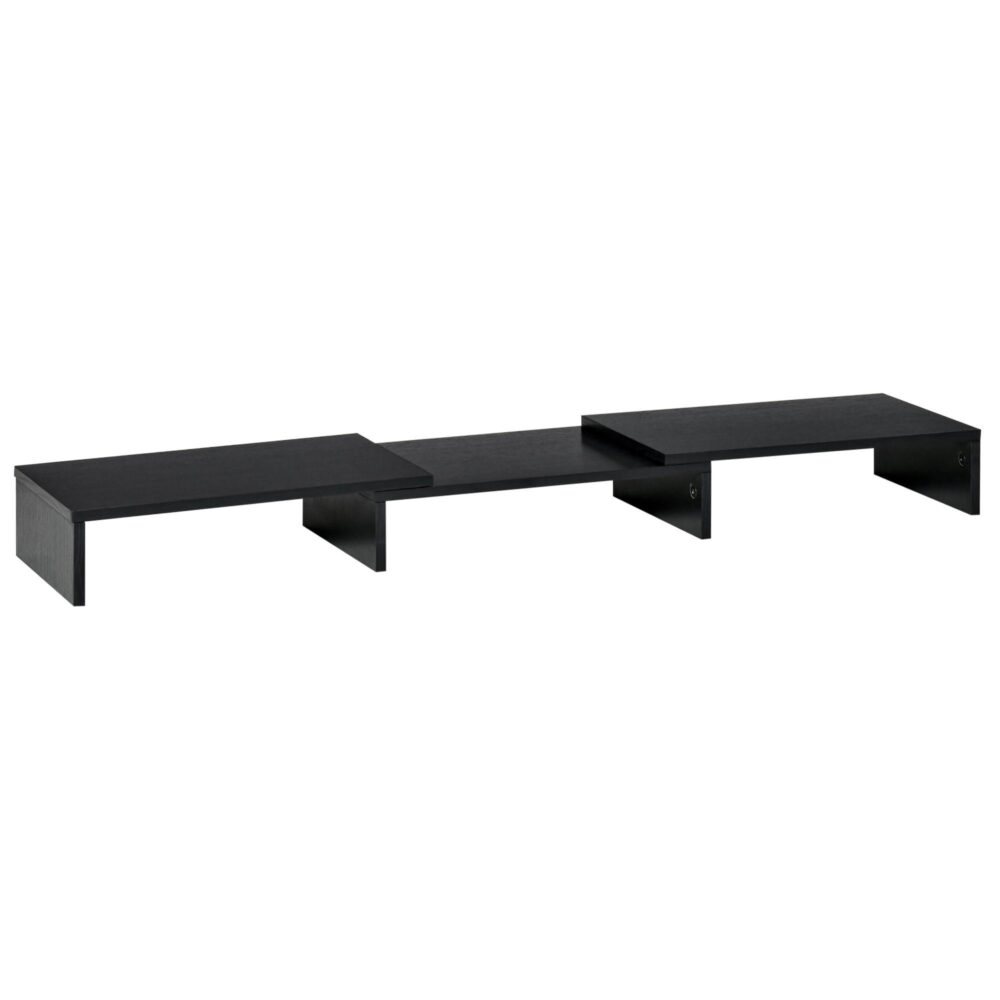Ergonomisk justerbar bildskärmsstativ med dubbel skärmstöd, trippelagringshyllor och rymdbesparande design för nackelättande – MDF -material, svart färg