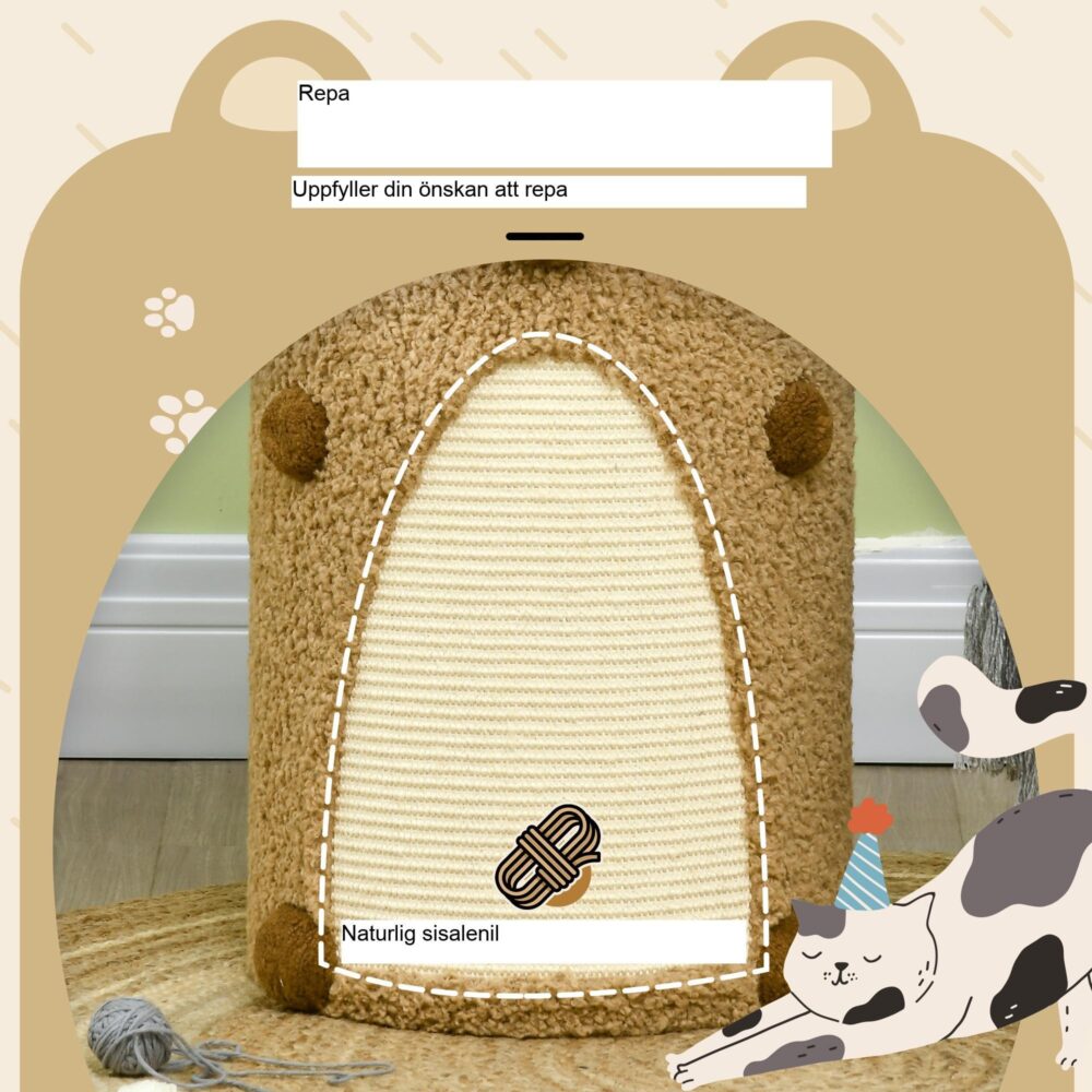 Scratching Barrel Cat Furniture med lekfull björndesign, två nivåer och grottor, sisal skrapyta, mjukt tyg i sammetslook, ingen montering krävs