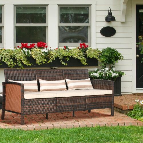 Rotting Garden Lounge Sofa för terrass och trädgård – bekväm 3-sits med kuddar, väderbeständig polyrotting, stålram, brun färg, mått W173cm