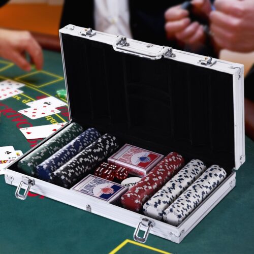 Komplett pokerfodral med 300 marker, två kortlekar och fem tärningar – Aluminiumfodral med bärhandtag