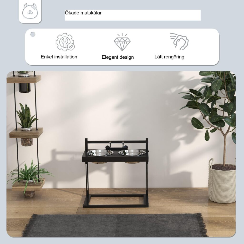 Justerbar rostfritt stål hund- och kattmatningsstation med benformad namntagg och enkel rengöringsdesign