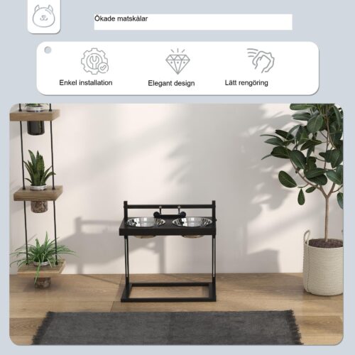 Justerbar rostfritt stål hund- och kattmatningsstation med benformad namntagg och enkel rengöringsdesign
