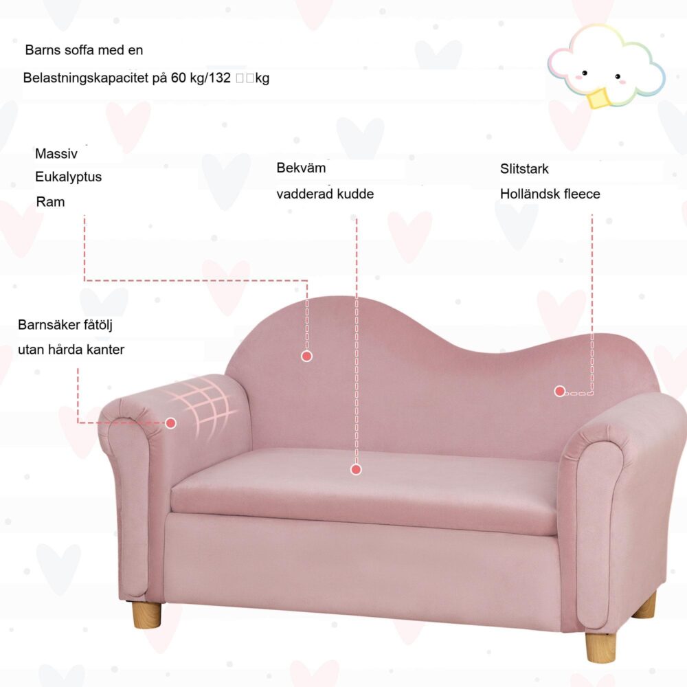 2-sits soffa för barn med dold förvaring, andningsbar rosa fleecedesign för barn i åldrarna 3-5