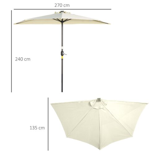 Halvcirkelformat 265×240 cm halvparasoll med soldrivna LED-lampor – enkel montering och platsbesparande design
