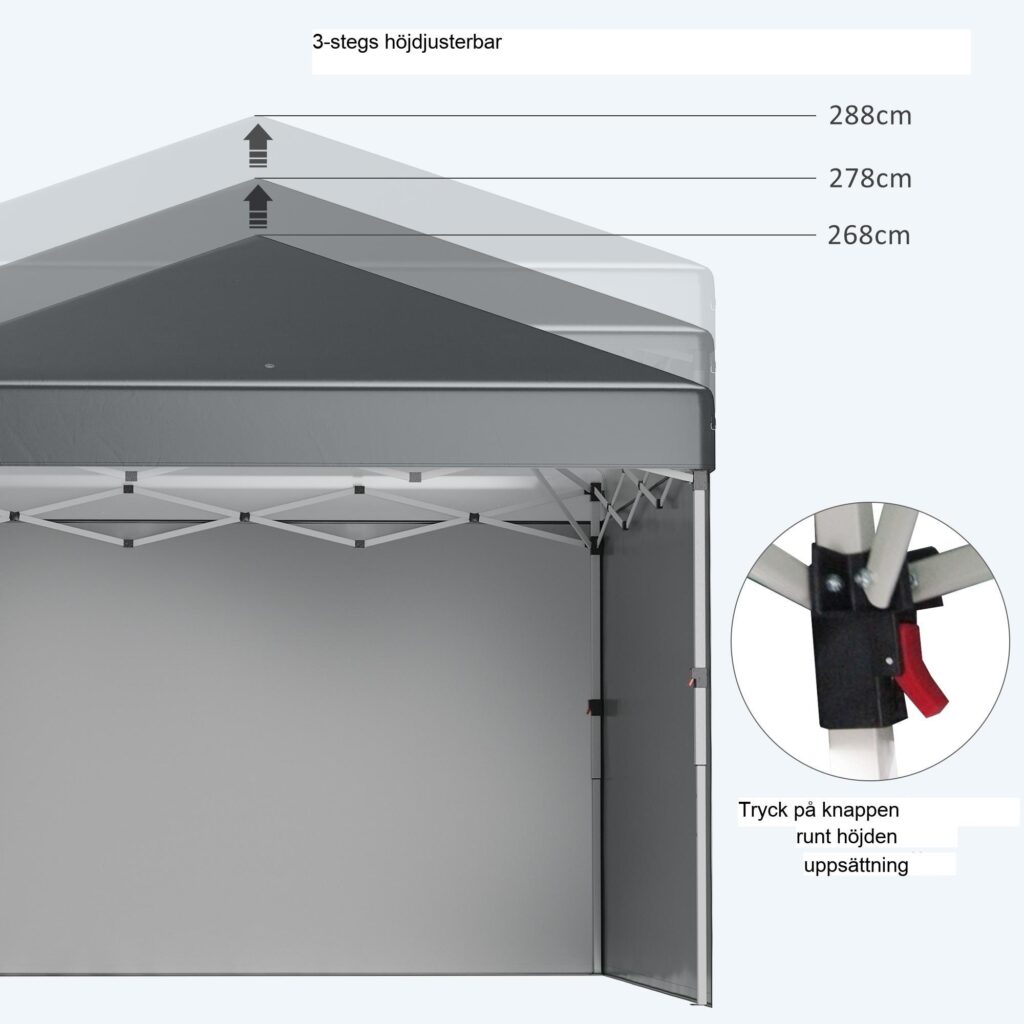 Hopfällbart snabbtält 2,97 m x 2,97 m med sidoväggar och UV30+ skydd | Enkel installation, justerbar höjd och stabilitet med sandsäckar