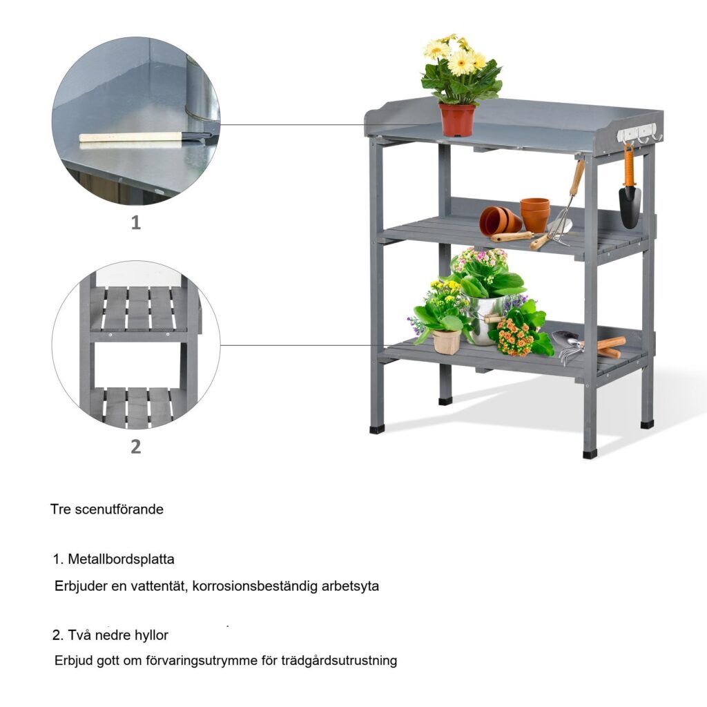 Trädgårdsmästarbord med bänkskiva och förvaring i metall | Planteringsbord för trädgård, terrass eller balkong - slitstarkt granträ, 3 krokar för verktyg, rymliga hyllor, ergonomisk design