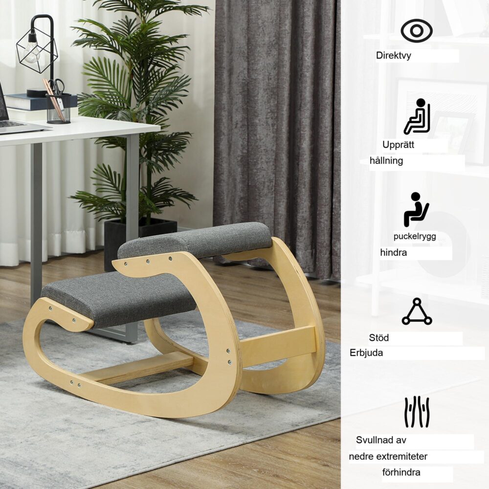 Ergonomisk knäpall med hållningsförbättring, gungande design – slitstark ram av björkträ, 120 kg lastkapacitet, grå