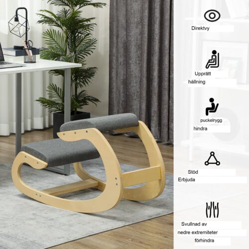 Ergonomisk knäpall med hållningsförbättring, gungande design – slitstark ram av björkträ, 120 kg lastkapacitet, grå