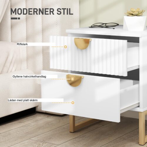 Modernt sängbord med 2 lådor, handtag i guldlook, kompakt design för sovrum eller vardagsrum – vit, 40x40x50 cm