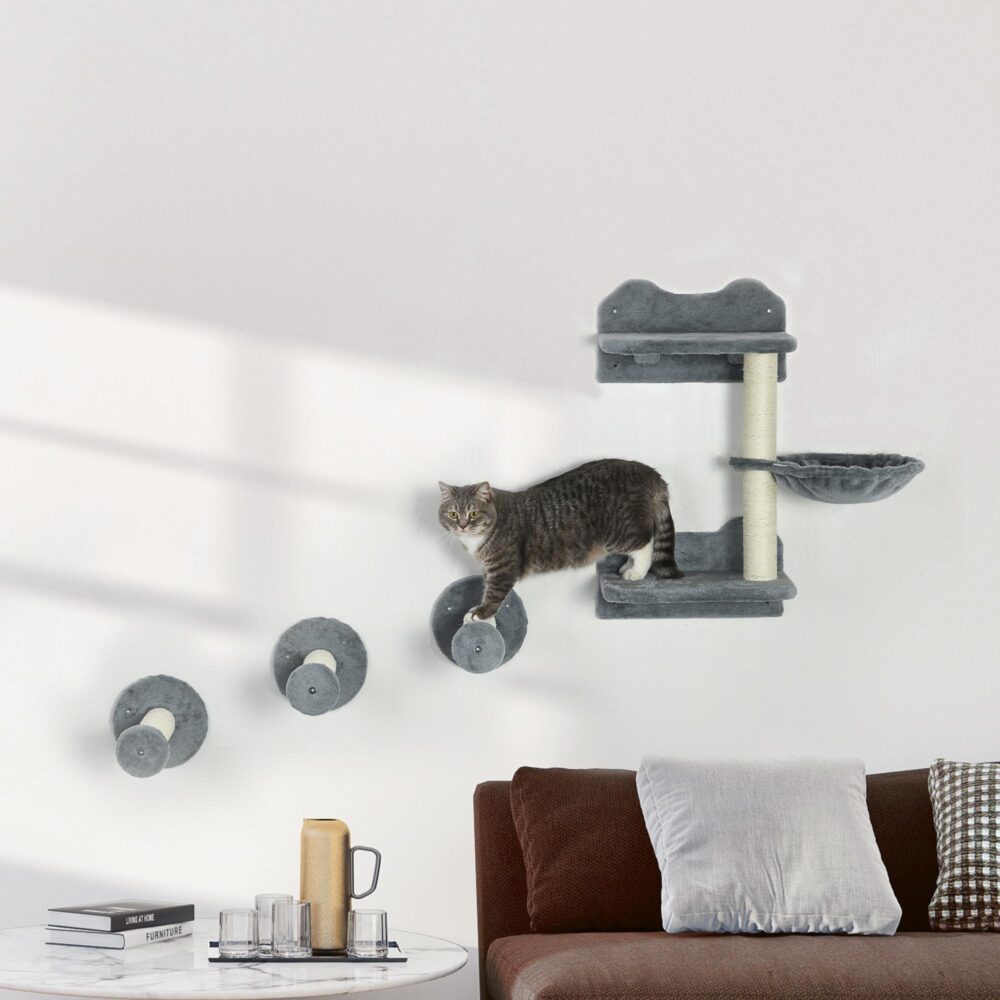 Platsbesparande klätterväggset för katt med klösstolpe och hängmatta – 4-delat klätter- och lekset för stadslägenheter