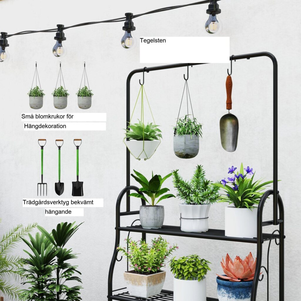 3-vånings växtställ med hängande stång och krokar - platsbesparande vertikal design för inomhus/utomhusbruk
