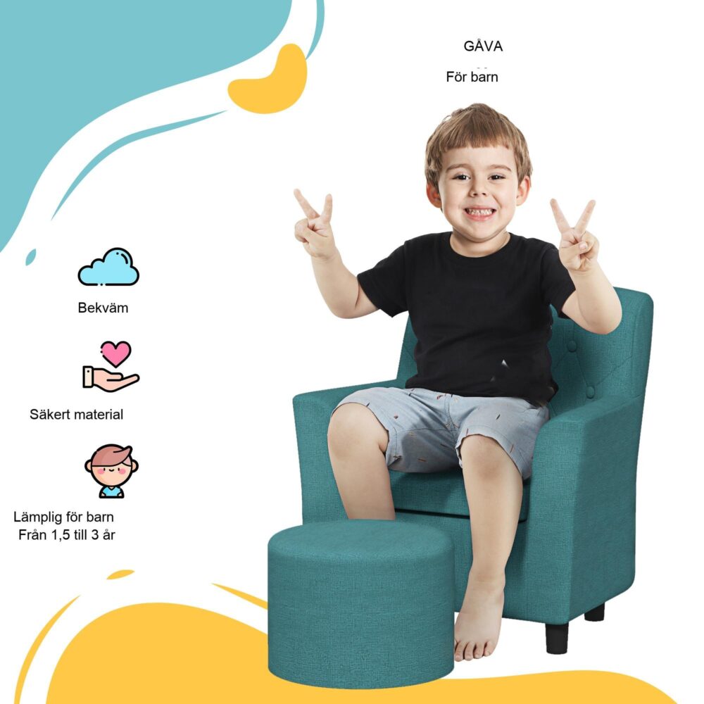Mysig barnfåtölj och ottomanskt set med diamantmönster – robust eukalyptusträ för småbarn 18+ månader | Bekväm barnsoffa med skumsits och matchande fotpall, perfekt för avkoppling och lek!