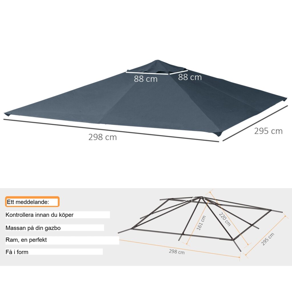 Pavilion takersättning 3x3m-hållbar och UV-resistent med enkel installation, för paviljonger L295-300 x B295-300 cm | Mörkgrå