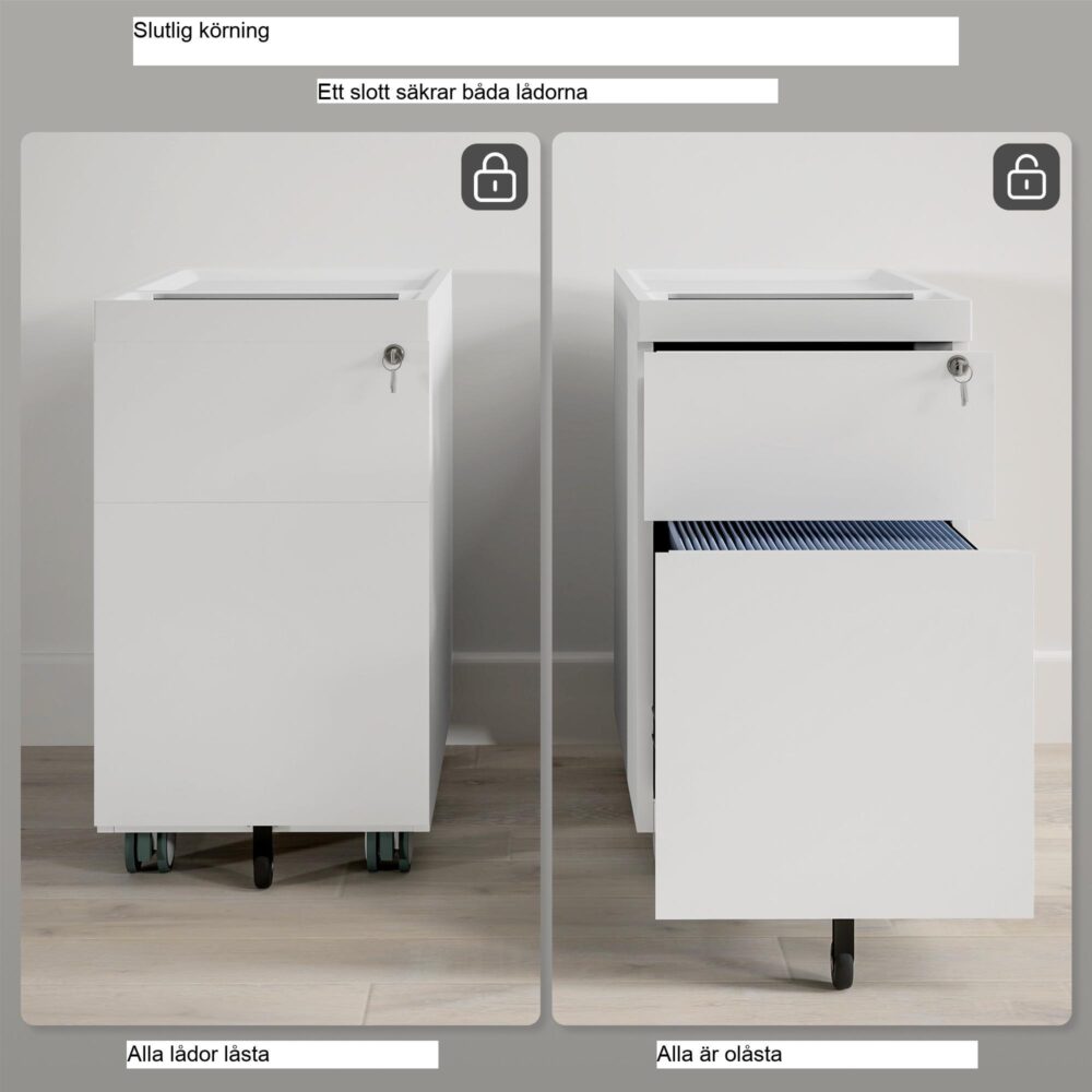 Arkivskåp med 2 lådor och säkert topplås och mobil design